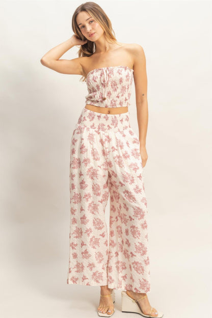 Smocked Tube Top & Wide-leg Pants Set in Blush