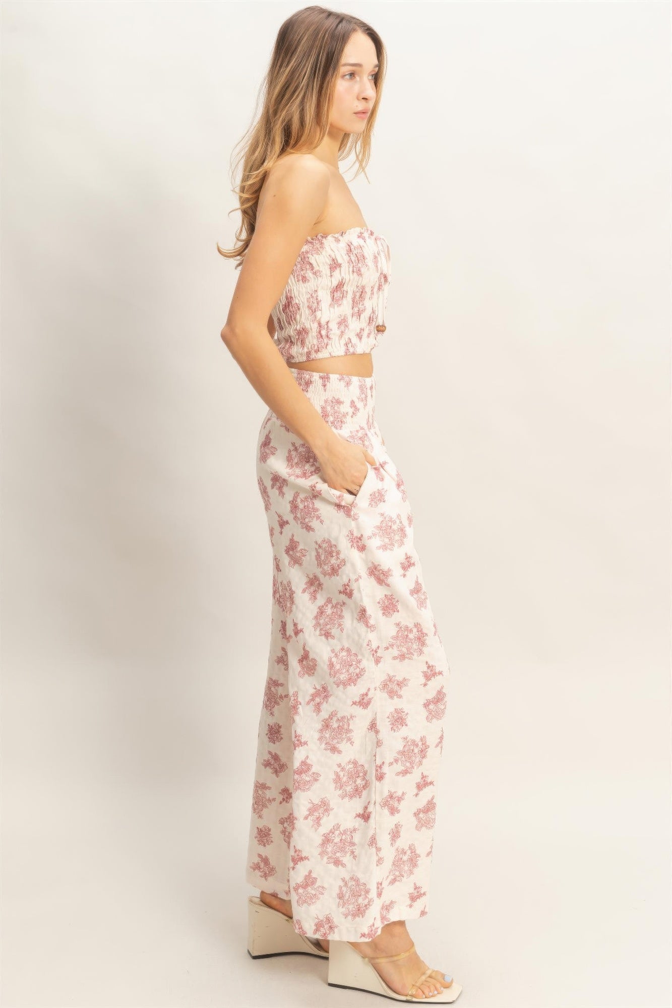 Smocked Tube Top & Wide-leg Pants Set in Blush
