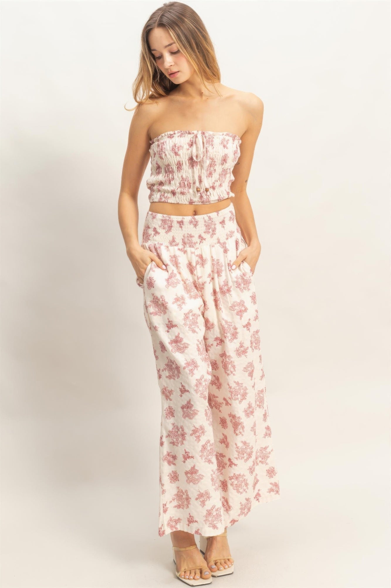 Smocked Tube Top & Wide-leg Pants Set in Blush