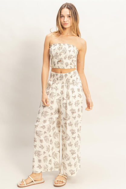 Smocked Tube Top & Wide-leg Pants Set in Natural