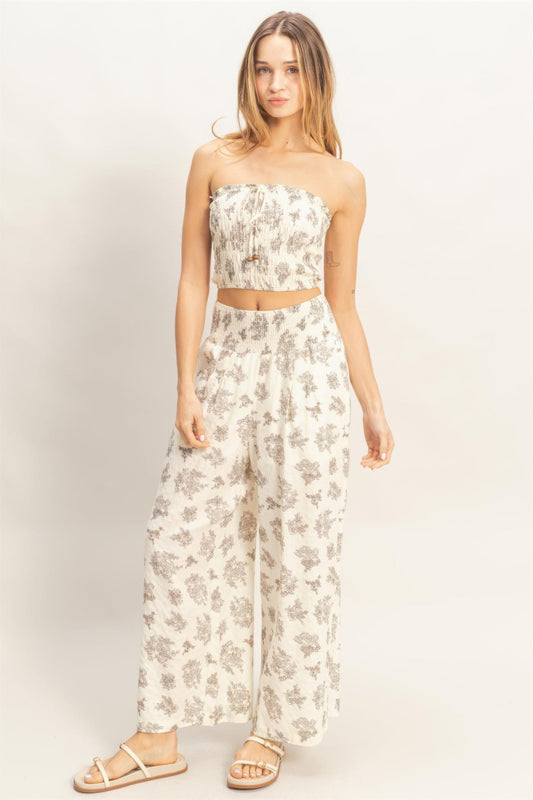 Smocked Tube Top & Wide-leg Pants Set in Natural