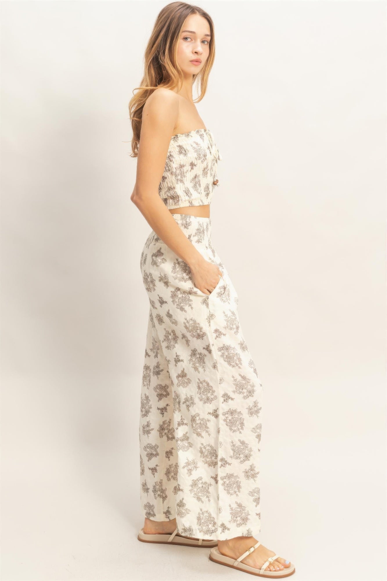 Smocked Tube Top & Wide-leg Pants Set in Natural