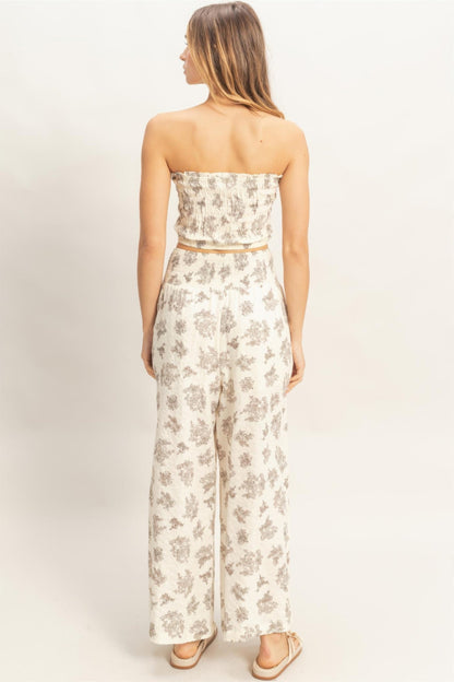 Smocked Tube Top & Wide-leg Pants Set in Natural