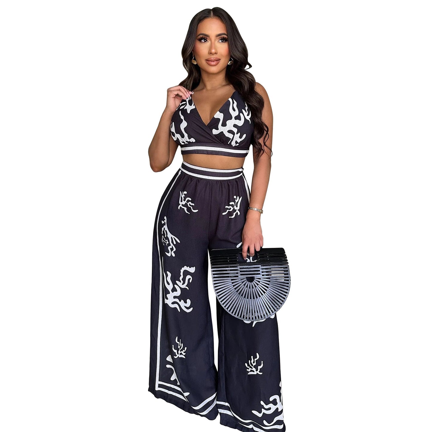 V-neck hanging neck wide leg pants set