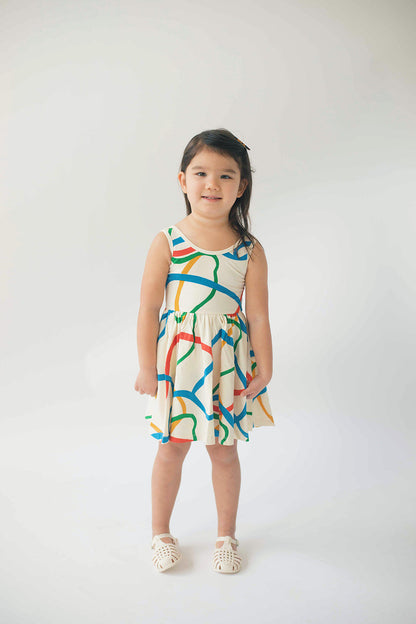 Sleeveless Twirl Dress in Wavy Lines