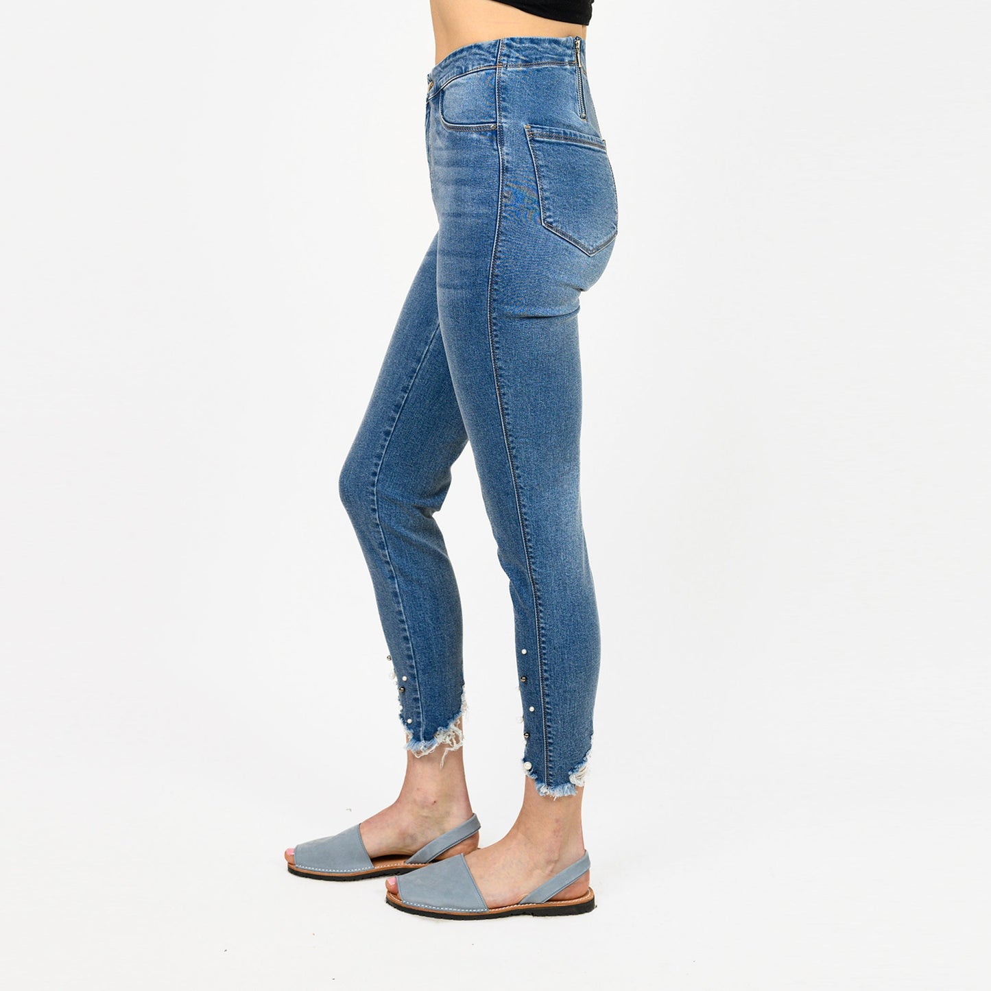 Pearl Beaded Distressed Hem Capris