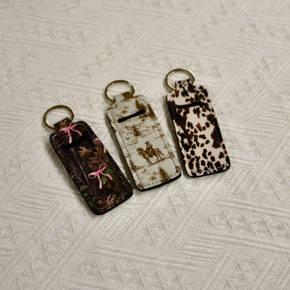 Chapstick Holder Keychain – Cow Print, Camo Pink Bow, Cowboy Toile, Barn Toile, croquette, duck, moon