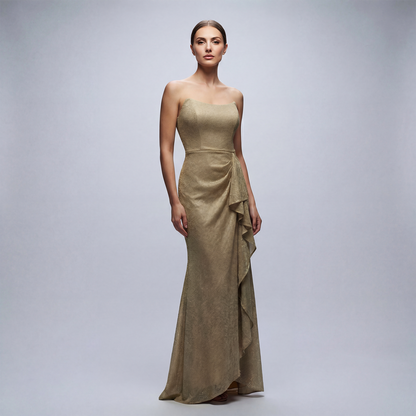 Strapples Draped Ruffle Gown