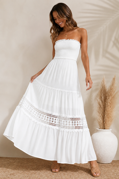 Agatha Maxi Dress – White Lace Strapless Dress for Bridal, Vacation & Summer Events