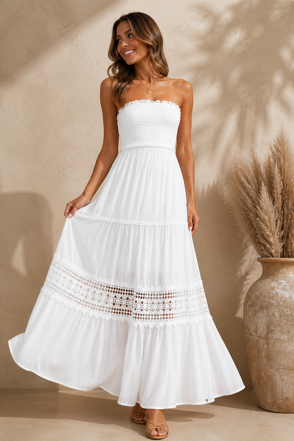 Agatha Maxi Dress – White Lace Strapless Dress for Bridal, Vacation & Summer Events
