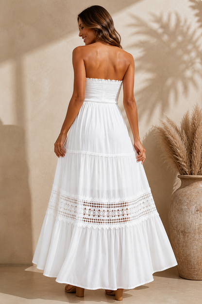 Agatha Maxi Dress – White Lace Strapless Dress for Bridal, Vacation & Summer Events