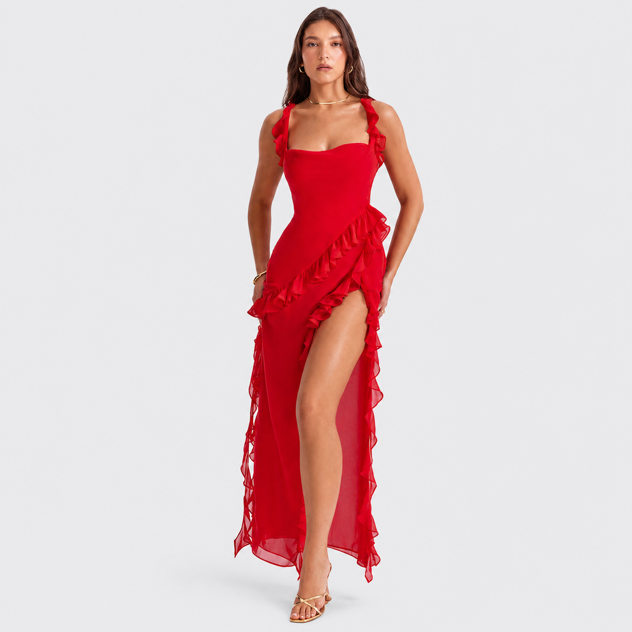 Square Neck Ruffle Maxi Dress - High Slit Sleeveless Evening Gown for Wedding Guests