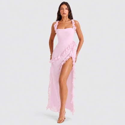 Square Neck Ruffle Maxi Dress - High Slit Sleeveless Evening Gown for Wedding Guests