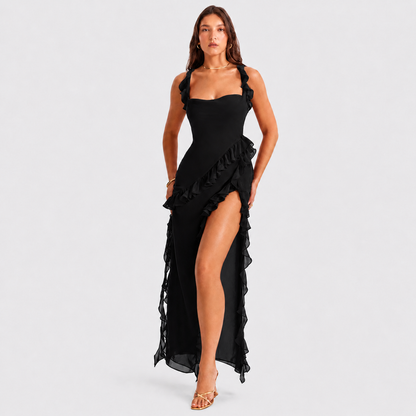 Square Neck Ruffle Maxi Dress - High Slit Sleeveless Evening Gown for Wedding Guests