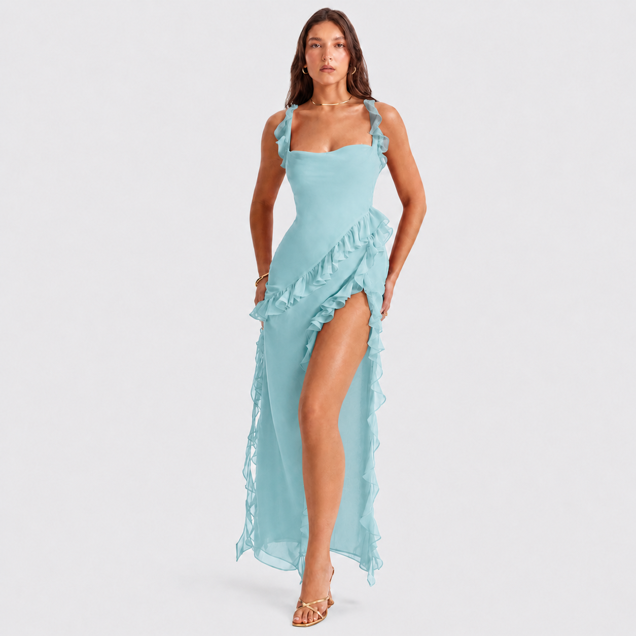 Square Neck Ruffle Maxi Dress - High Slit Sleeveless Evening Gown for Wedding Guests
