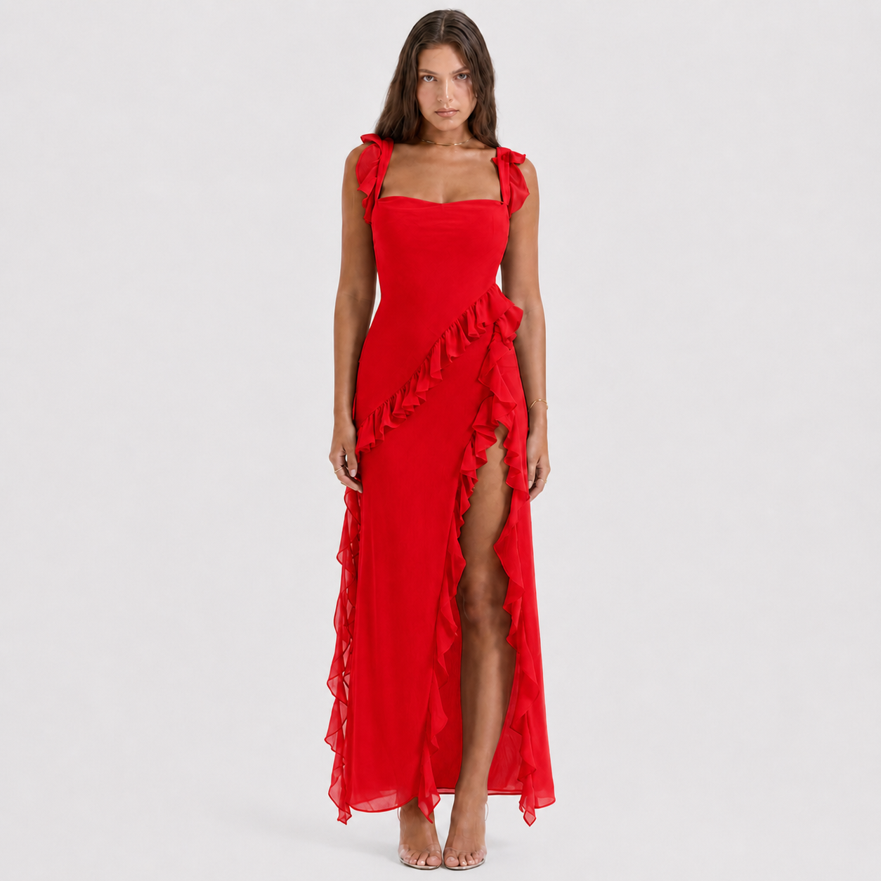 Square Neck Ruffle Maxi Dress - High Slit Sleeveless Evening Gown for Wedding Guests