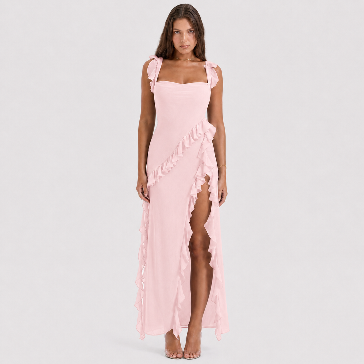 Square Neck Ruffle Maxi Dress - High Slit Sleeveless Evening Gown for Wedding Guests