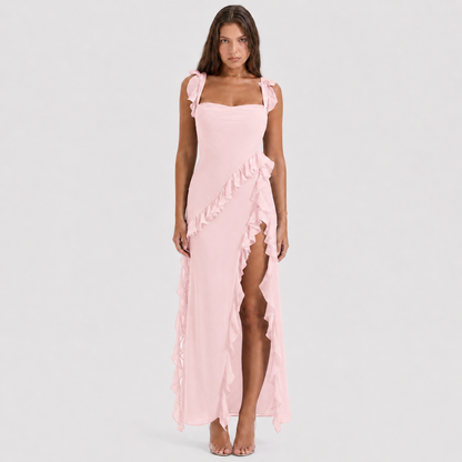 Square Neck Ruffle Maxi Dress - High Slit Sleeveless Evening Gown for Wedding Guests