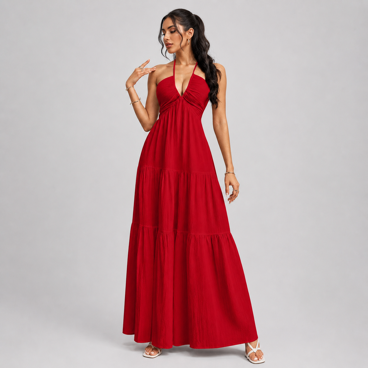 Backless Halter Neck Maxi Dress - Deep V-Neck Tiered Boho Sundress for Beach Vacation