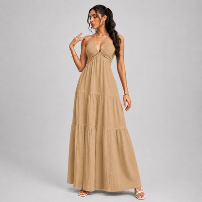 Backless Halter Neck Maxi Dress - Deep V-Neck Tiered Boho Sundress for Beach Vacation
