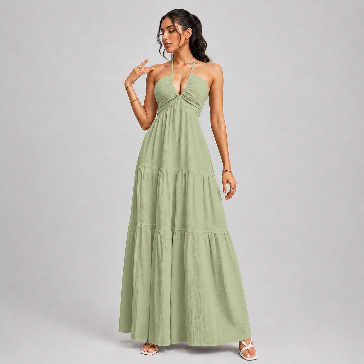 Backless Halter Neck Maxi Dress - Deep V-Neck Tiered Boho Sundress for Beach Vacation