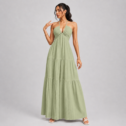 Backless Halter Neck Maxi Dress - Deep V-Neck Tiered Boho Sundress for Beach Vacation