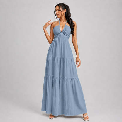 Backless Halter Neck Maxi Dress - Deep V-Neck Tiered Boho Sundress for Beach Vacation