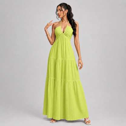 Backless Halter Neck Maxi Dress - Deep V-Neck Tiered Boho Sundress for Beach Vacation