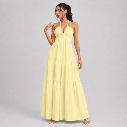 Backless Halter Neck Maxi Dress - Deep V-Neck Tiered Boho Sundress for Beach Vacation
