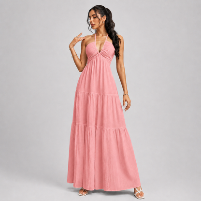 Backless Halter Neck Maxi Dress - Deep V-Neck Tiered Boho Sundress for Beach Vacation
