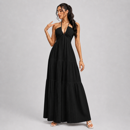 Backless Halter Neck Maxi Dress - Deep V-Neck Tiered Boho Sundress for Beach Vacation