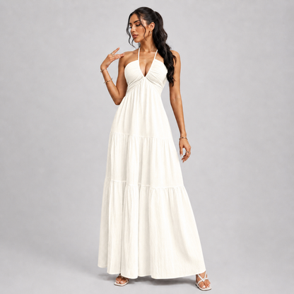 Backless Halter Neck Maxi Dress - Deep V-Neck Tiered Boho Sundress for Beach Vacation