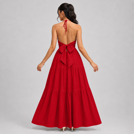 Backless Halter Neck Maxi Dress - Deep V-Neck Tiered Boho Sundress for Beach Vacation