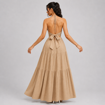 Backless Halter Neck Maxi Dress - Deep V-Neck Tiered Boho Sundress for Beach Vacation