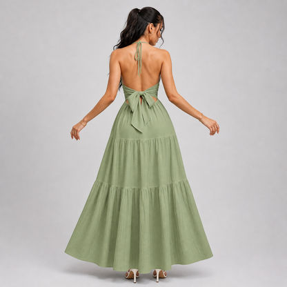 Backless Halter Neck Maxi Dress - Deep V-Neck Tiered Boho Sundress for Beach Vacation