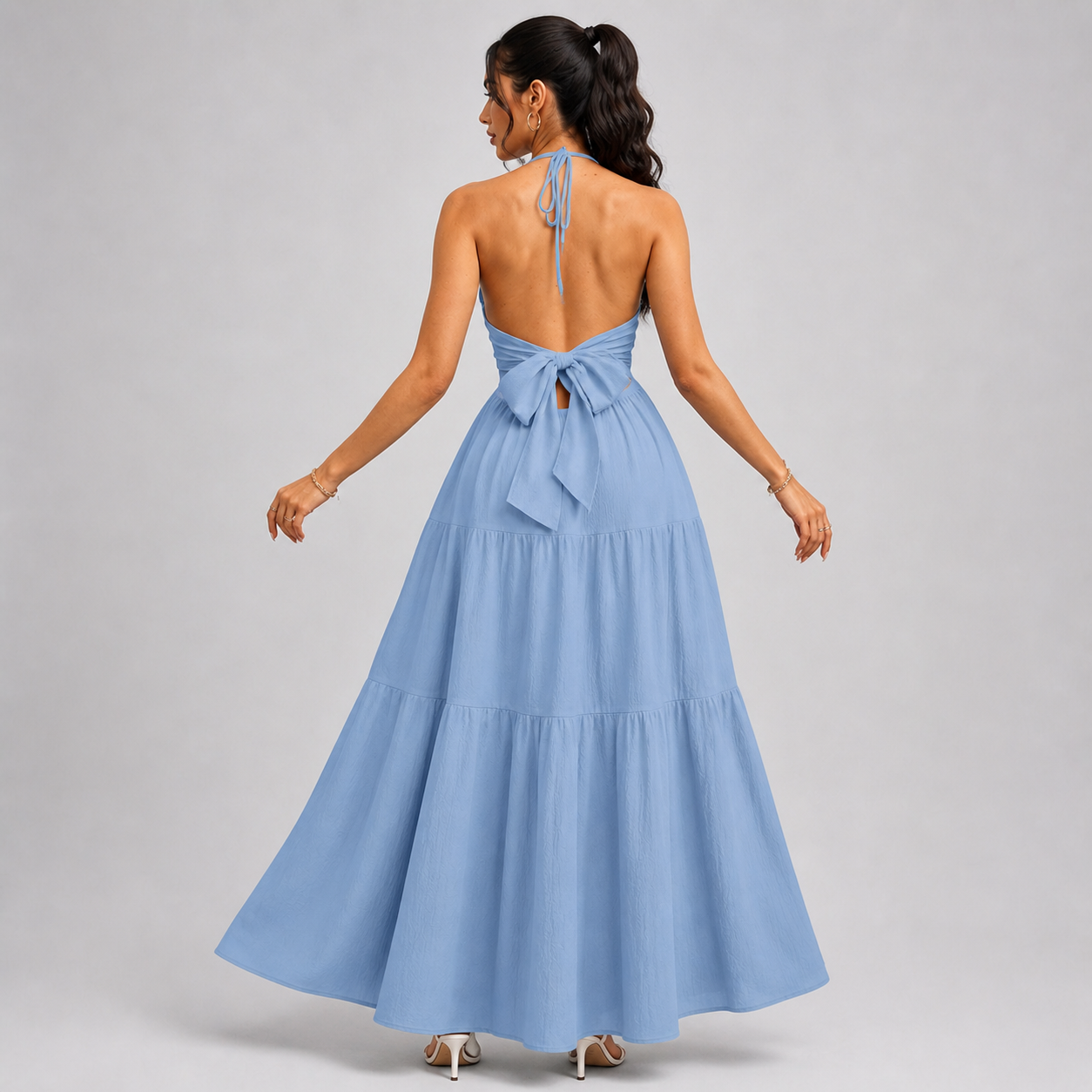 Backless Halter Neck Maxi Dress - Deep V-Neck Tiered Boho Sundress for Beach Vacation
