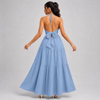Backless Halter Neck Maxi Dress - Deep V-Neck Tiered Boho Sundress for Beach Vacation