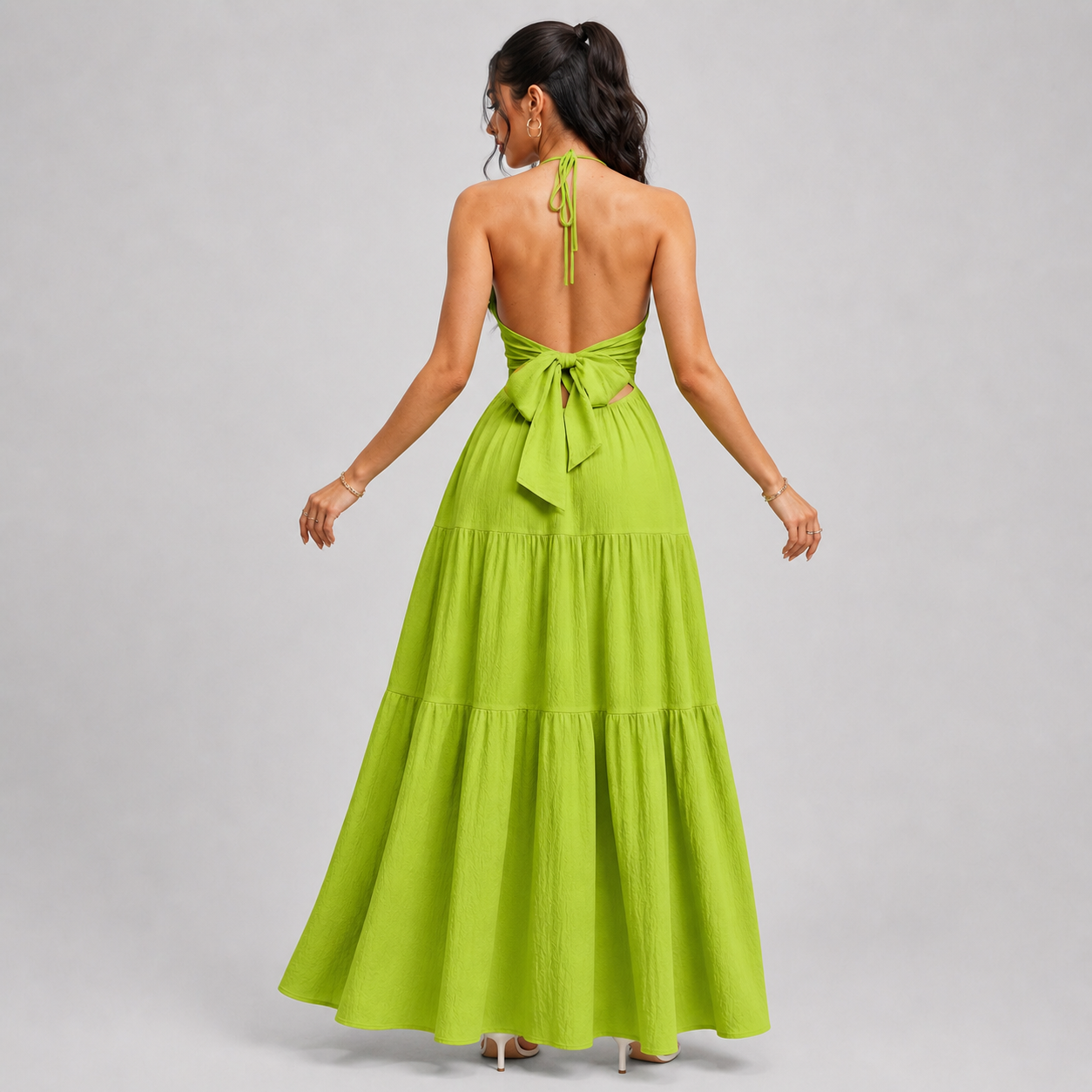 Backless Halter Neck Maxi Dress - Deep V-Neck Tiered Boho Sundress for Beach Vacation