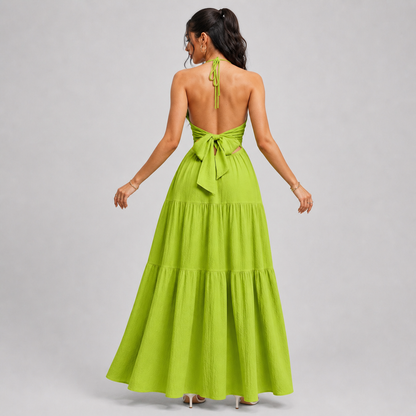 Backless Halter Neck Maxi Dress - Deep V-Neck Tiered Boho Sundress for Beach Vacation