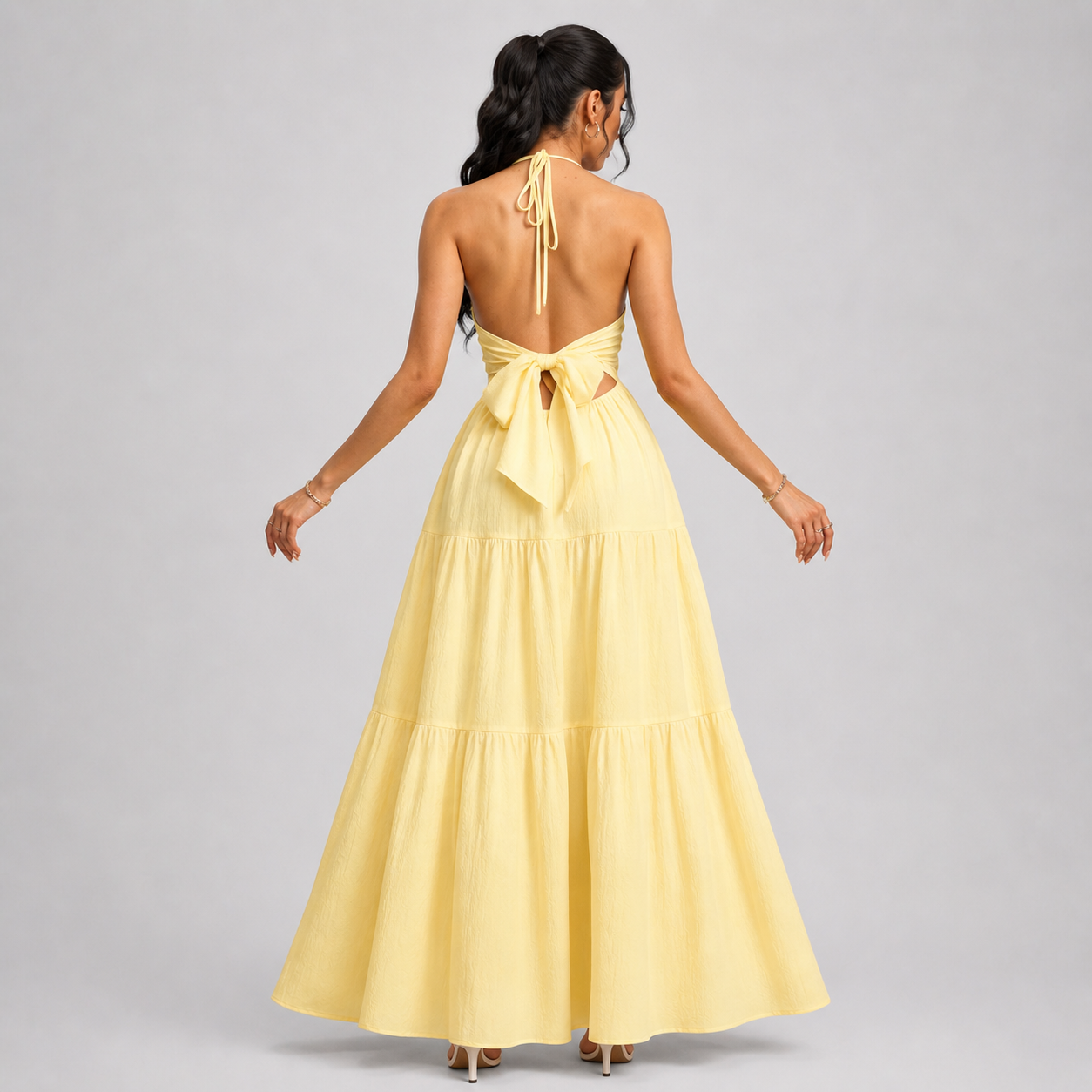 Backless Halter Neck Maxi Dress - Deep V-Neck Tiered Boho Sundress for Beach Vacation