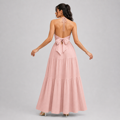 Backless Halter Neck Maxi Dress - Deep V-Neck Tiered Boho Sundress for Beach Vacation