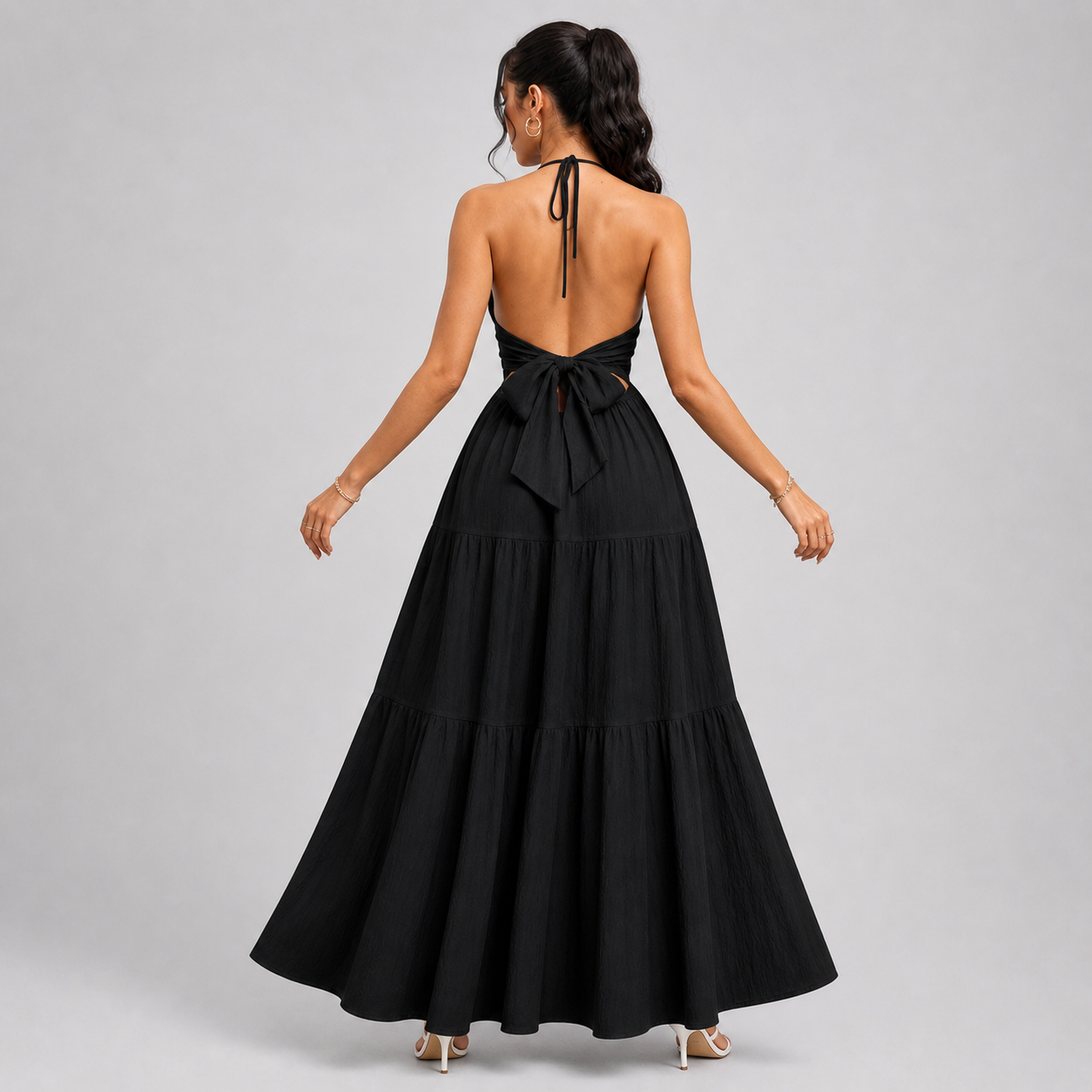 Backless Halter Neck Maxi Dress - Deep V-Neck Tiered Boho Sundress for Beach Vacation