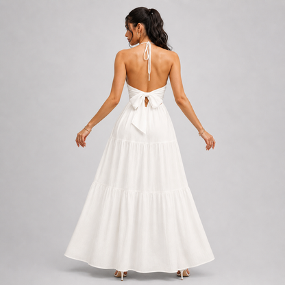 Backless Halter Neck Maxi Dress - Deep V-Neck Tiered Boho Sundress for Beach Vacation