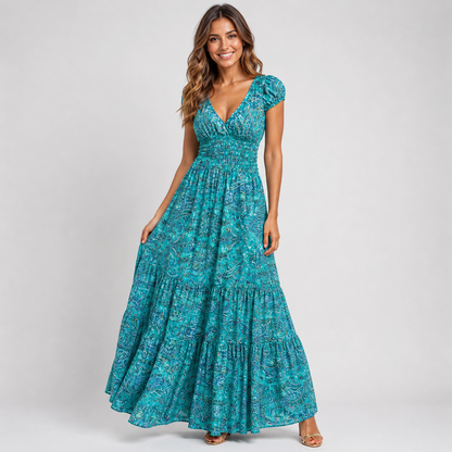 Boho Paisley Print Maxi Dress - Smocked Waist V-Neck Tiered Summer Sundress