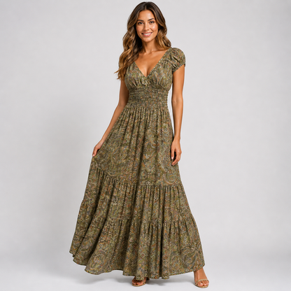Boho Paisley Print Maxi Dress - Smocked Waist V-Neck Tiered Summer Sundress