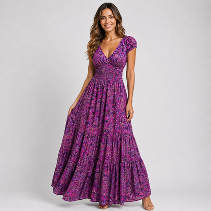 Boho Paisley Print Maxi Dress - Smocked Waist V-Neck Tiered Summer Sundress