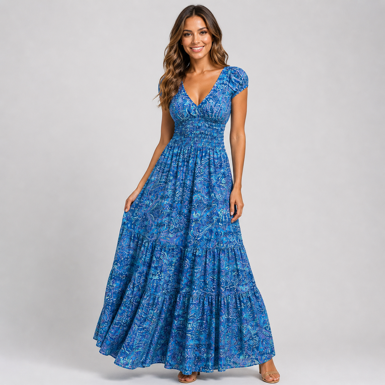 Boho Paisley Print Maxi Dress - Smocked Waist V-Neck Tiered Summer Sundress