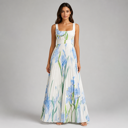 Square Neck Pleated Maxi Dress - Elegant Watercolor Floral Belted Gown