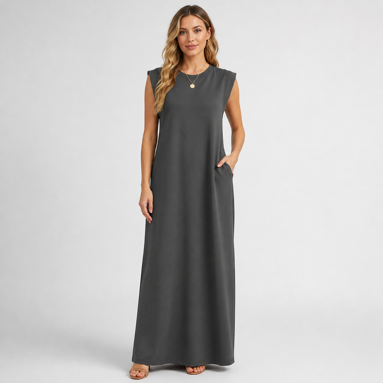 Crew Neck Maxi Column Dress - Sleeveless Padded Shoulder Long Sundress with Pockets