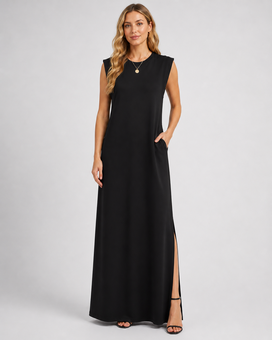 Crew Neck Maxi Column Dress - Sleeveless Padded Shoulder Long Sundress with Pockets